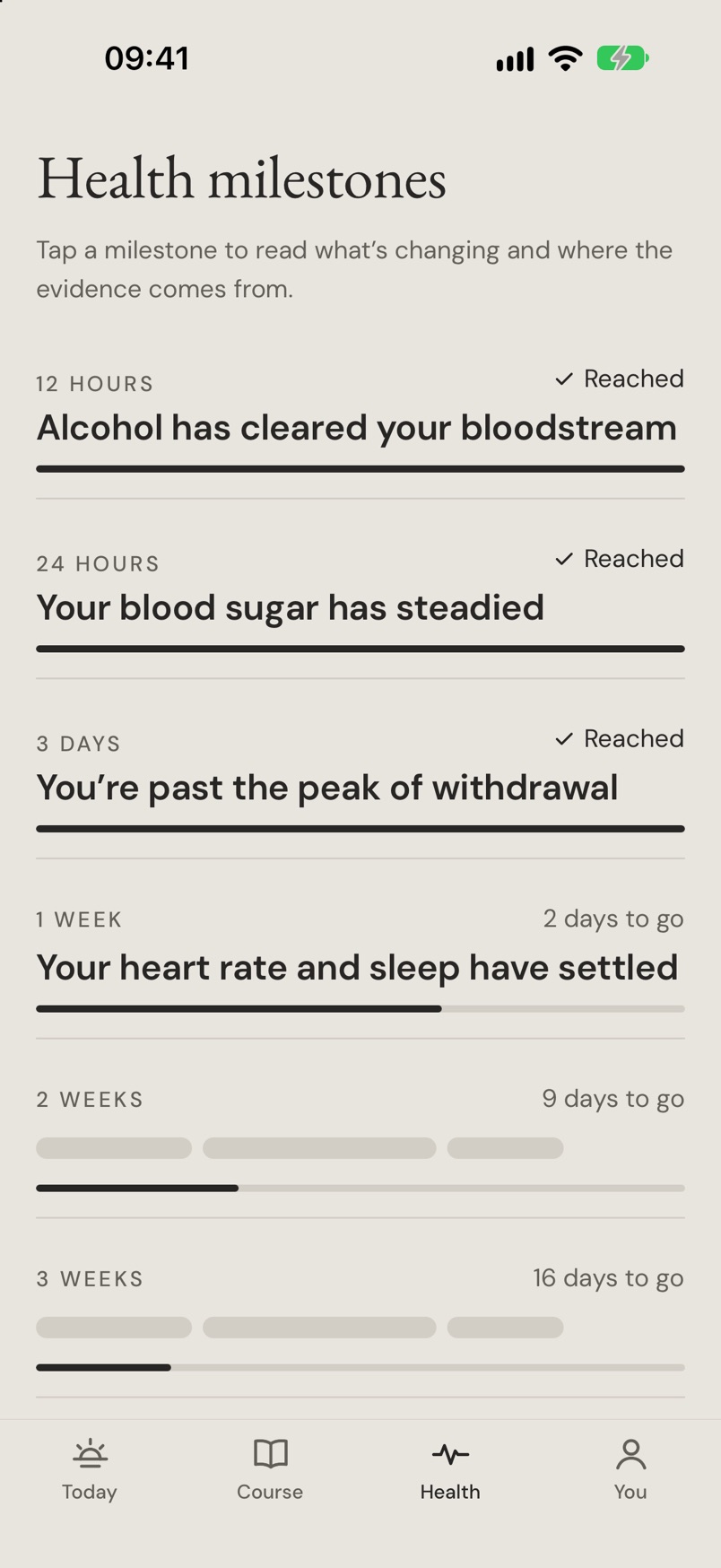 Hi Sobriety’s Health tab at day 5: the first three health milestones reached, one week in progress, and the next two hidden with the days to go